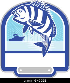 Bateau de pêche de poissons sautant Sheepshead Retro Crest Illustration de Vecteur