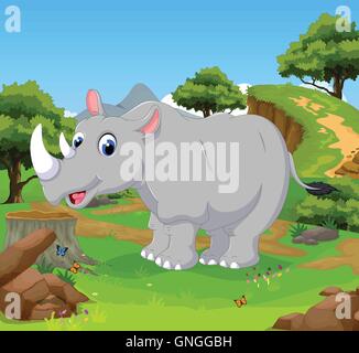 Funny cartoon posing rhino dans la jungle avec l'arrière-plan du paysage Illustration de Vecteur