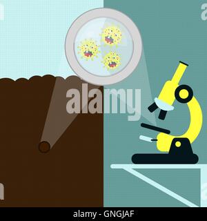 Loupe agrandissant la caricature virus sur la terre. Échantillon de sol et d'un micro-organisme en cours d'analyse au microscope dans Illustration de Vecteur
