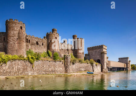 Château de Conwy, avec Robert Stephenson a pont de chemin de fer, le Pays de Galles, Royaume-Uni. Banque D'Images