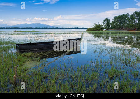 En bateau traditionnel en bois du lac Kerkini, Grèce Banque D'Images