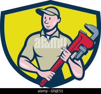 Plombier Holding mot Crest Cartoon Illustration de Vecteur