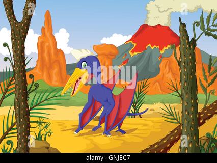 Funny cartoon ptérodactyle avec arrière-plan des paysages forestiers Illustration de Vecteur