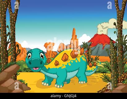 Le Stegosaurus funny cartoon avec arrière-plan des paysages forestiers Illustration de Vecteur