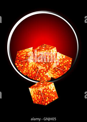 Cubes 3D'or métallique sur la frontière déborde d'arrière-plan rouge et noir Banque D'Images