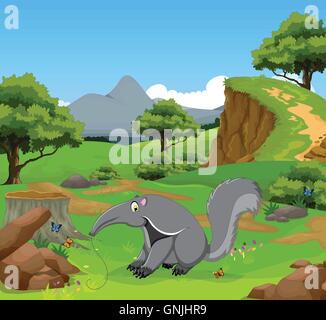 Anteater funny cartoon dans la jungle avec l'arrière-plan du paysage Illustration de Vecteur