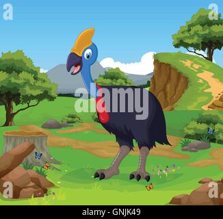 Funny cartoon peacock dans la jungle avec l'arrière-plan du paysage Illustration de Vecteur