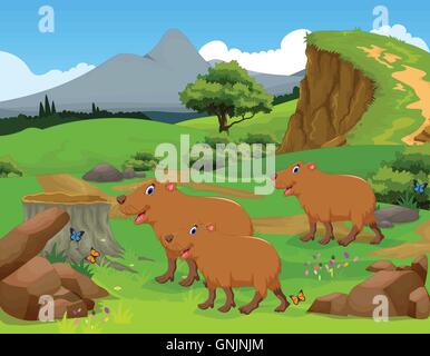Funny capybara caricature dans la jungle avec l'arrière-plan du paysage Illustration de Vecteur