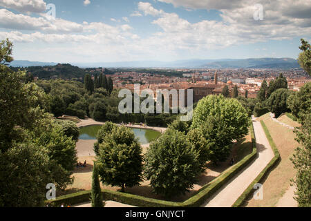 Vue sur le célèbre jardin de Boboli avec un grand étang au milieu de Florence, Italie Banque D'Images