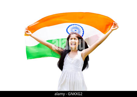 1 adolescents indiens Girl Date de l'indépendance Drapeau Holding voletant Banque D'Images