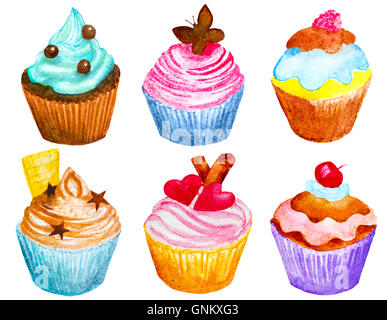set of hand painted watercolor cupcakes Banque D'Images