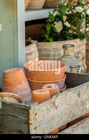 Image d'une caisse de pots au garden centre. Banque D'Images