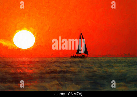 Voilier silhouette sunset est un bateau naviguant en pleine mer sur un ciel rouge dans ce magnifique tableau abstrait. Banque D'Images