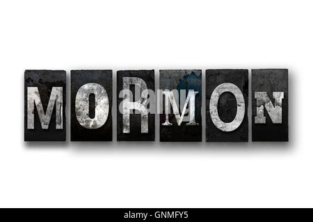 Le mot 'MORMON' écrit en vintage, sale, taché d'encre type typographique et isolé sur un fond blanc. Banque D'Images