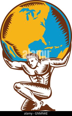 Atlas Lifting Globe agenouillée Woodcut Illustration de Vecteur