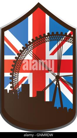 Bannière isolé avec le drapeau du Royaume-Uni et une silhouette de la London eye Illustration de Vecteur