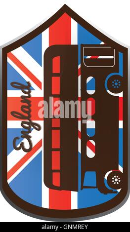 Bannière isolé avec le drapeau du Royaume-Uni et la silhouette d'un bus Illustration de Vecteur