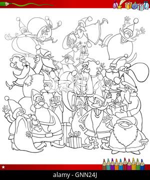 Illustration Cartoon noir et blanc du Père Noël Personnages Grand groupe sur le temps de Noël à colorier Illustration de Vecteur