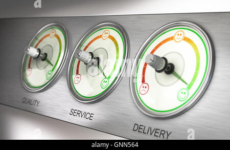3D illustration d'un dispositif de rétroaction avec trois cadrans, de qualité, de service et de livraison avec l'aiguille pointant vers le plus haut niveau. Banque D'Images