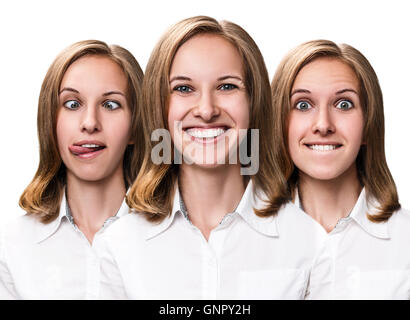 Collage de jeune femme se moque visages isolé sur blanc. Banque D'Images