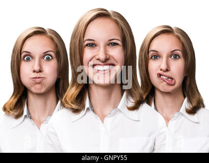 Collage de jeune femme se moque visages isolé sur blanc. Banque D'Images