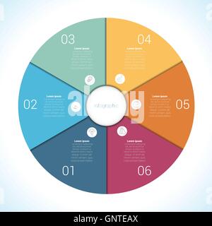 Éléments d'infographie modèle six étapes, position, pièces, avec zone de texte coloré, sous la forme de pétales de fleurs. Illustration de Vecteur
