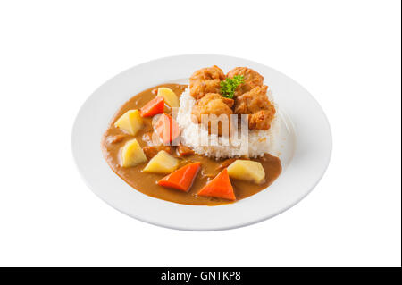 Vue avant de la cuisine japonaise riz au poulet frit et sauce au curry avec des pommes de terre et les carottes dans un plat en céramique o isolés Banque D'Images