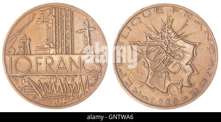 Aluminium Bronze 10 francs 1980 coin isolé sur fond blanc, France Banque D'Images