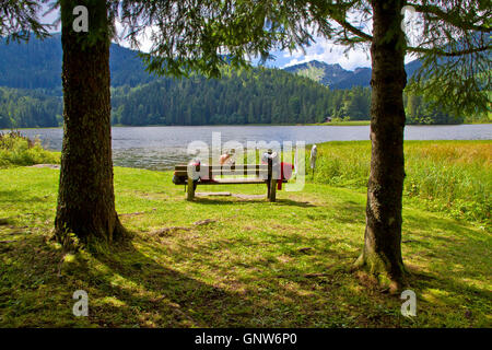 Sur le lac banc - Spitzingsee Bavaria, Allemagne Banque D'Images