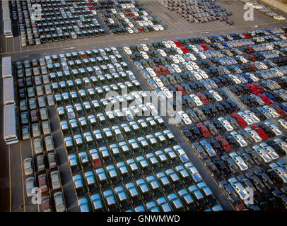 Voitures, camions et autobus en chantier en attente dans le port pour être chargés dans le cargo Banque D'Images