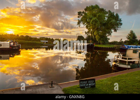 Rufford, Lancashire, UK 1er septembre 2016. Eaux calmes de Rufford Marina reflètent les nuages et les couleurs de l'aube au lever du soleil. Un bon début avec des périodes de soleil, mais plus nuageux et venteux sont prévues pour plus tard dans la journée. Credit : MediaWorldImages/Alamy Live News Banque D'Images