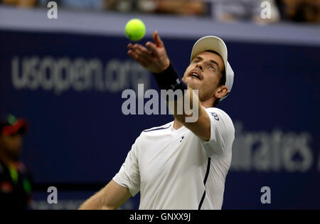 New York, USA. Du 1er septembre 2016. Andy Murray de Grande-Bretagne joue sous le toit fermé à Arthur Ashe Stadium lors de son deuxième tour contre Marcel Granollers d'Espagne à l'United States Open Tennis Championships à Flushing Meadows, New York le jeudi 1er septembre. Crédit : Adam Stoltman/Alamy Live News Banque D'Images