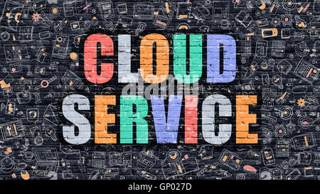 Concept de Service Cloud. Illustration moderne. Service de nuage multicolore dessiné sur un mur de briques sombres. Doodle d'icônes. Style Doodle de Clo Banque D'Images