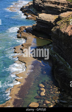 Sous les falaises rocheuses, la mer plate-forme rocheuse découverte à marée basse Banque D'Images