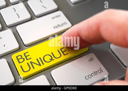 Doigt poussant être unique bouton jaune sur clavier d'ordinateur portable. 3D Illustration. Banque D'Images