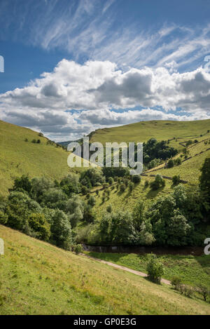 Belle vue de Dove Dale dans le Peak District National Park en été. Les corbeaux Tor près de Milldale. Sentier vu ci-dessous. Banque D'Images