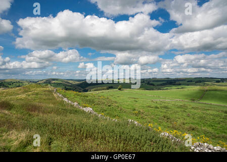 Large vue dégagée sur les champs à proximité de Milldale dans le Peak District National Park, Angleterre. Banque D'Images