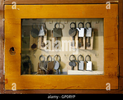 Ancien cabinet de verre avec des anciennes clés Banque D'Images