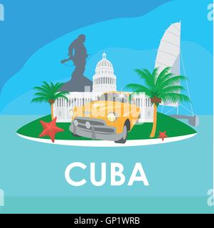 Symboles de voyage à Cuba - Capitol, vieille voiture, de palmiers, de mer, de Che Illustration de Vecteur