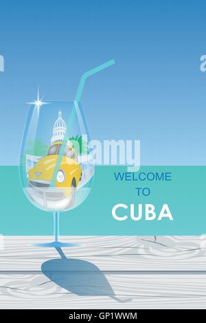 Symboles de voyage à Cuba - Capitol, vieille voiture, de palmiers - dans le verre à cocktail debout sur la table en bois fendu sur la mer turquoise Illustration de Vecteur