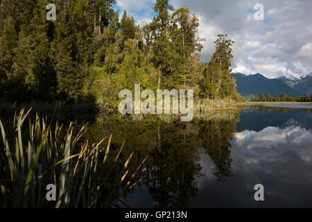 Lake Matheson près de Fox Glacier dans la région de la côte ouest de la Nouvelle-Zélande est entouré par une forêt dense avec l'UGDI et Kahikatea. Banque D'Images