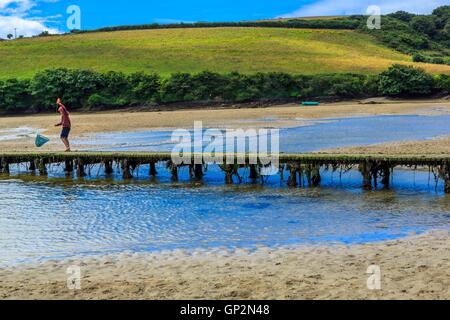 Un pont traversant une rivière à marée basse de l'estuaire à Cornwall. Banque D'Images