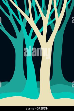 Groupe d'arbre vide avec des branches en silhouettes, couleurs bleu nature paysage illustration. Vecteur EPS10. Illustration de Vecteur