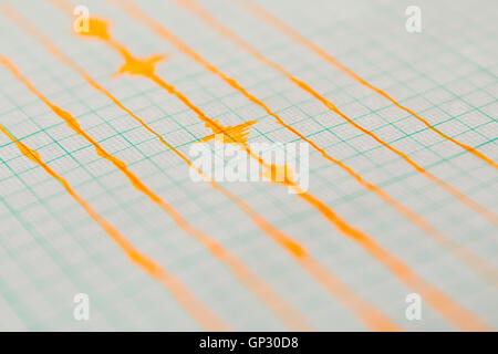 Dispositif de mesure de la sismologie séismes. L'activité sismique en direct sur la feuille de papier de mesure. Sur l'onde sismique Banque D'Images
