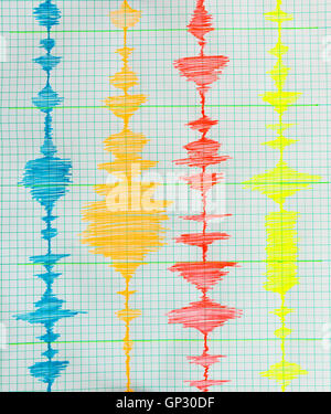 Dispositif de mesure de la sismologie séismes. L'activité sismique en direct sur la feuille de papier de mesure. Sur l'onde sismique Banque D'Images