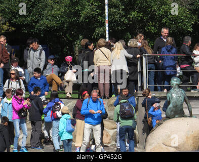 Statue de la petite sirène de Copenhague, Danemark, entouré par les touristes. Photo Tony Gale Banque D'Images
