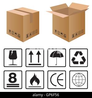 Fragile, fort, icône, carton, vector, symbole, autocollant, de soins, d'arrière-plan, poignée, illustration, packaging, emballage, signe, cargo, Illustration de Vecteur