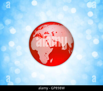 Couleur rouge icône globe avec la carte du monde sur un arrière-plan flou bleu. Banque D'Images