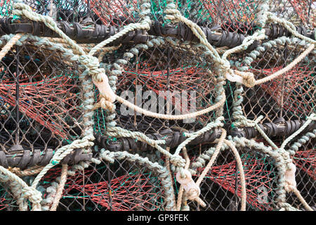 Des casiers à crabe ou homard empilés sur jetty Banque D'Images