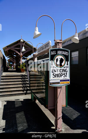 Calistoga historique Depot Railroad Station dans Lincoln Avenue.De nos jours, un complexe de boutiques touristiques en ville.Calistoga,California,USA Banque D'Images